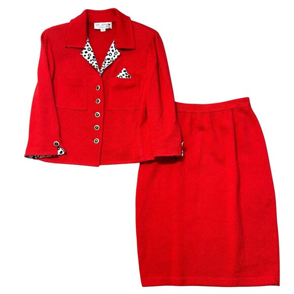 Vintage St. John Collection Red Knit Skirt Suit Sz 6 Leopard Trim Collar & Pocke - Picture 1 of 13